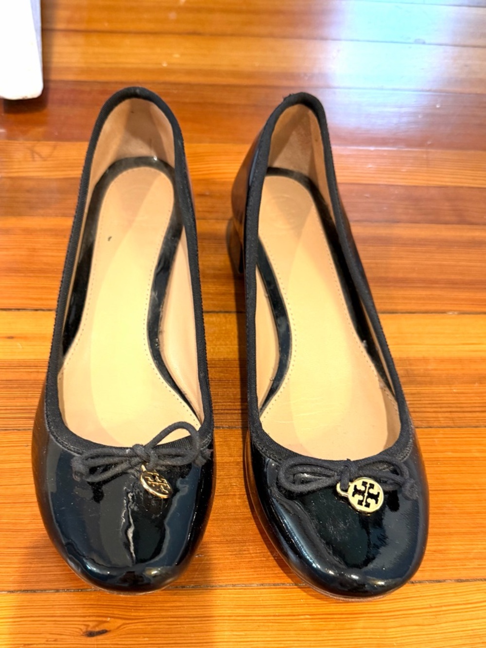 Tory Burch Black Patent Ballet Flats with Gold Logo